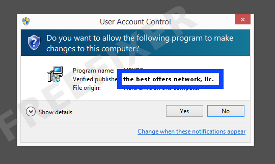 Screenshot where the best offers network, llc. appears as the verified publisher in the UAC dialog
